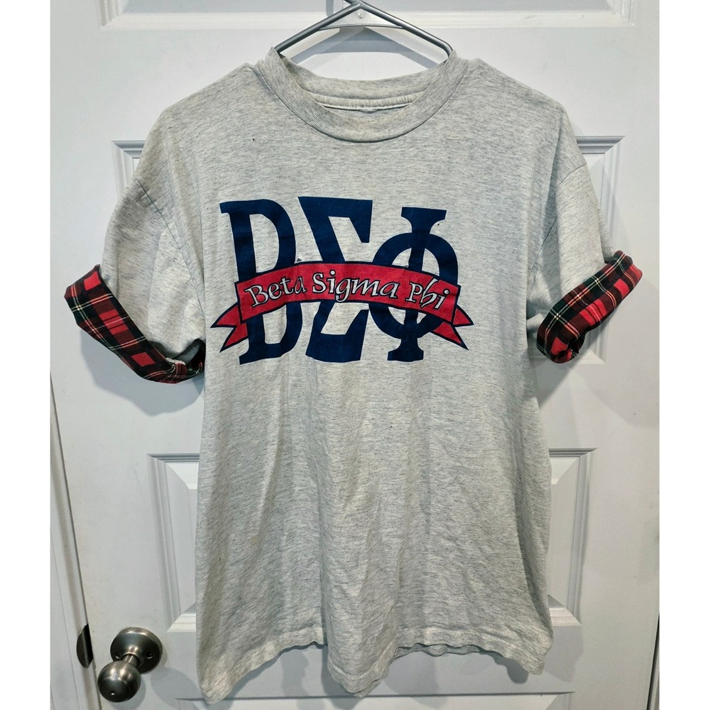 Beta Sigma Phi T-Shirt Womens XL Gray Cotton Vintage Plaid Cuffs Sorority Y2K